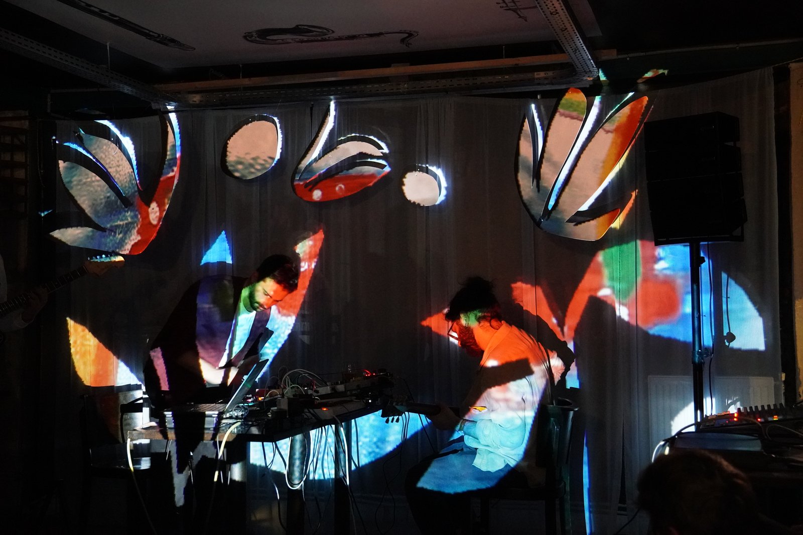 Two musicians at their desks in front of a sheer backdrop covered in projected pink, blue and orange leaf shapes