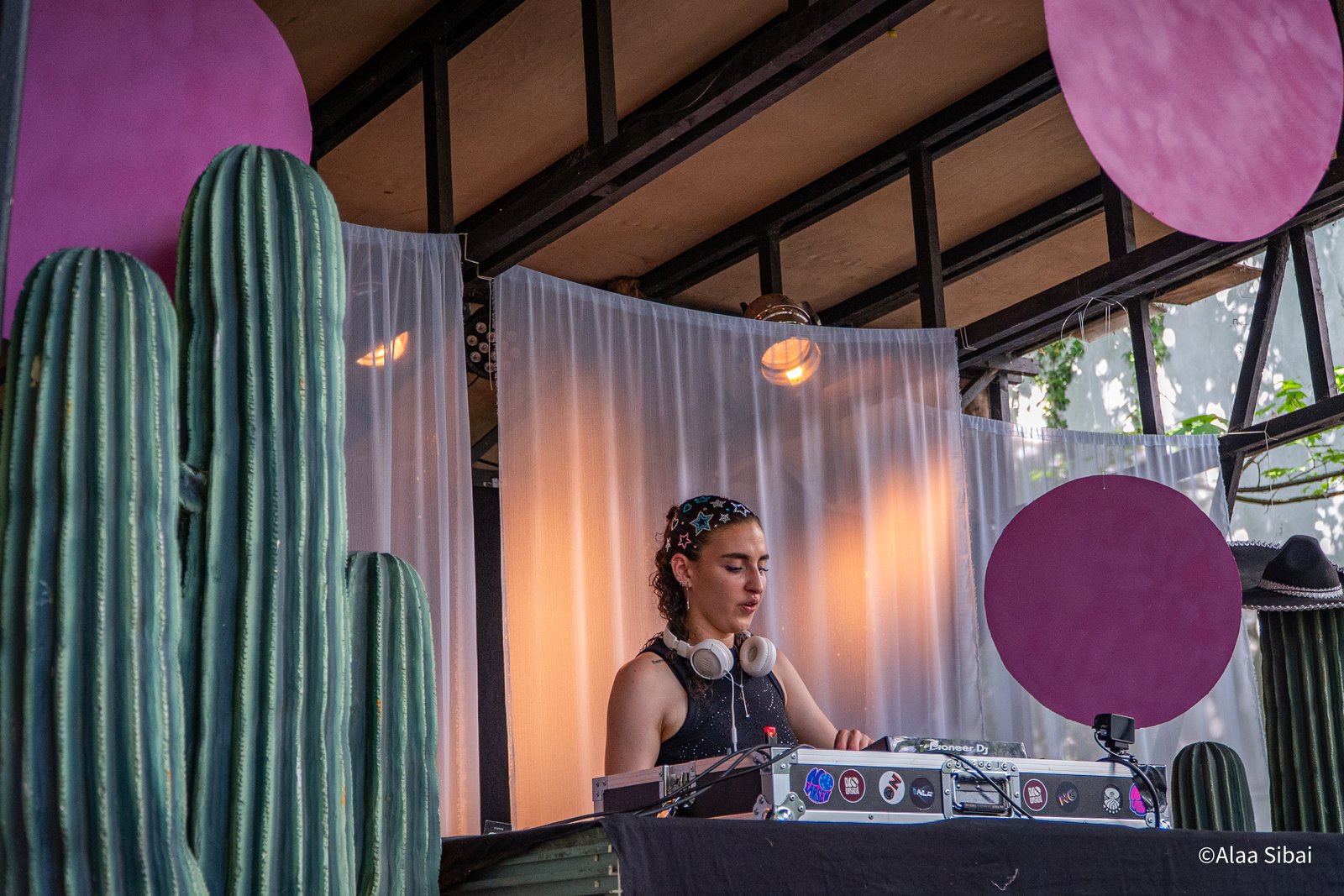 Close view of the booth flanked by cacti and a plum disc, drapes lit warm behind